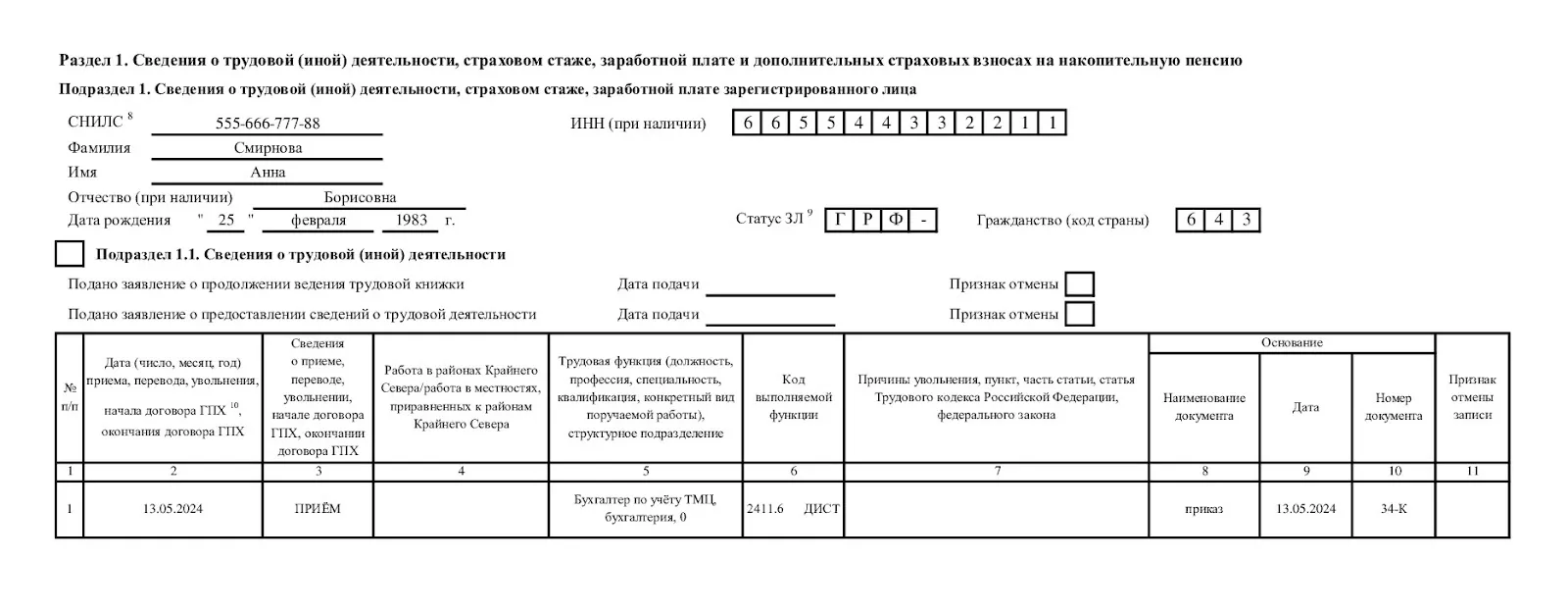 Пример заполнения ефс 1 за год