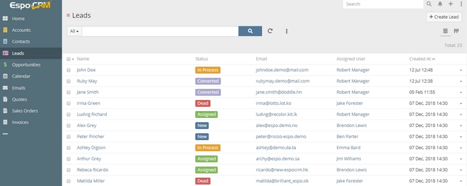 список лидов в EspoCRM