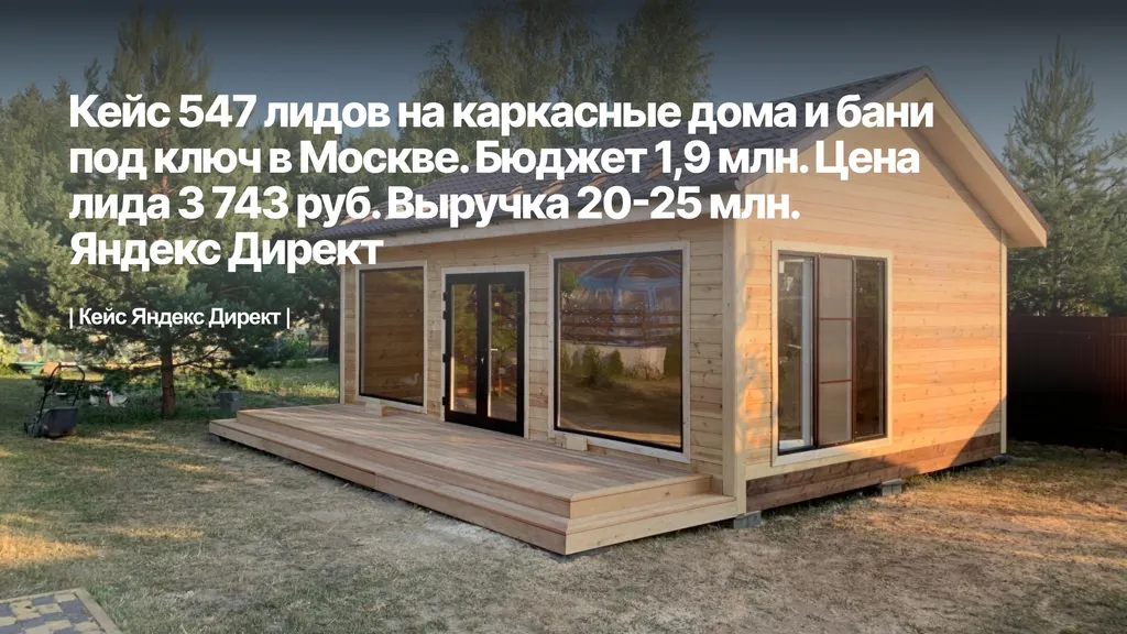 Яндекс Директ на строительство домов. 547 заявок на каркасные дома и бани под ключ в Москве + СПб. Бюджет 1,9 млн. Цена квал заявки 3743 руб. Выручка 20-25 млн