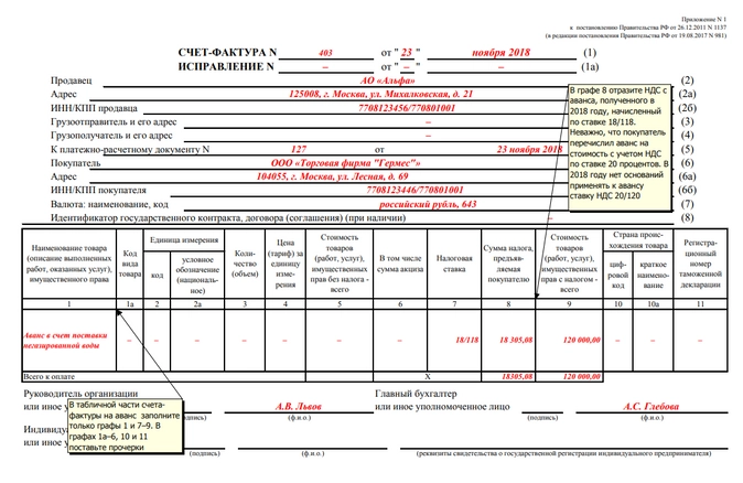 Счет фактура на аванс образец заполнения 2020