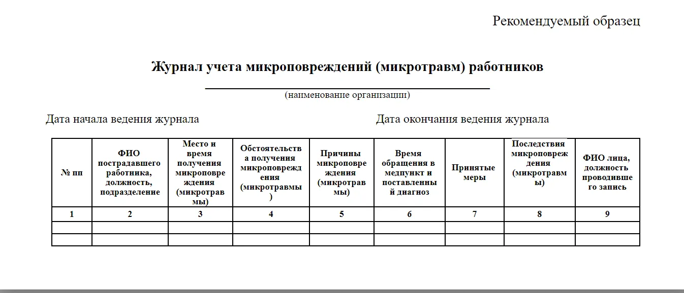 Образец заполнения журнала по несчастным случаям на производстве