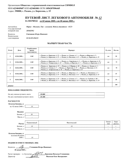 Путевой лист на личный автомобиль в служебных целях образец