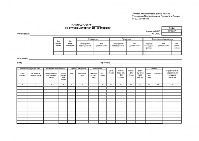 Накладная на отпуск материалов