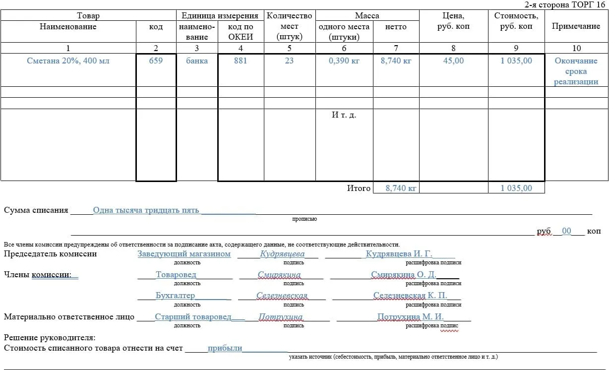 Акт о порче бое ломе товаров материалов образец заполнения