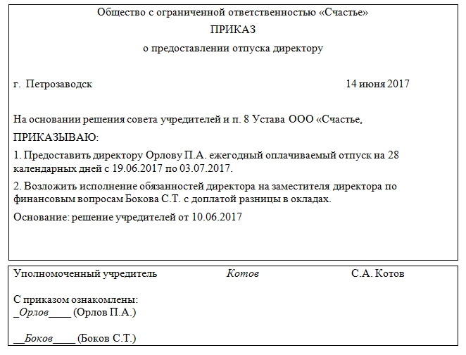 Образец приказ на отпуск директора с возложением обязанностей образец