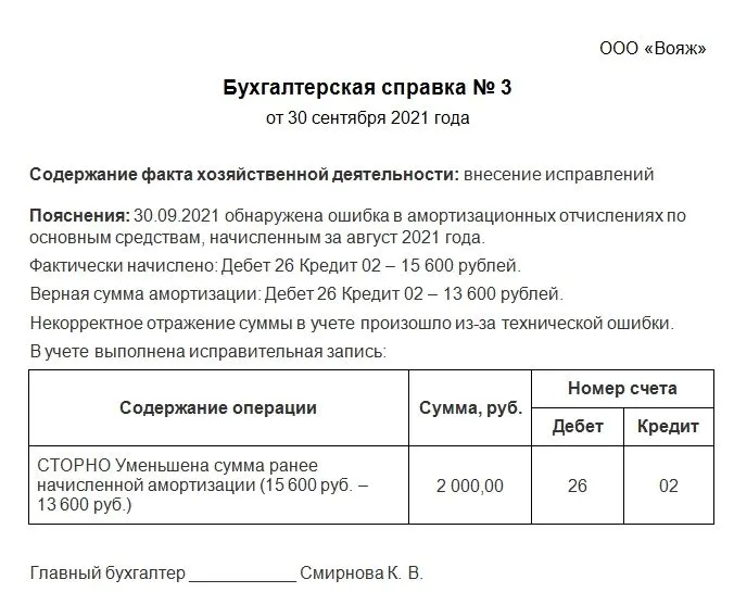 Образец бухгалтерской справки по исправлению ошибок прошлых лет